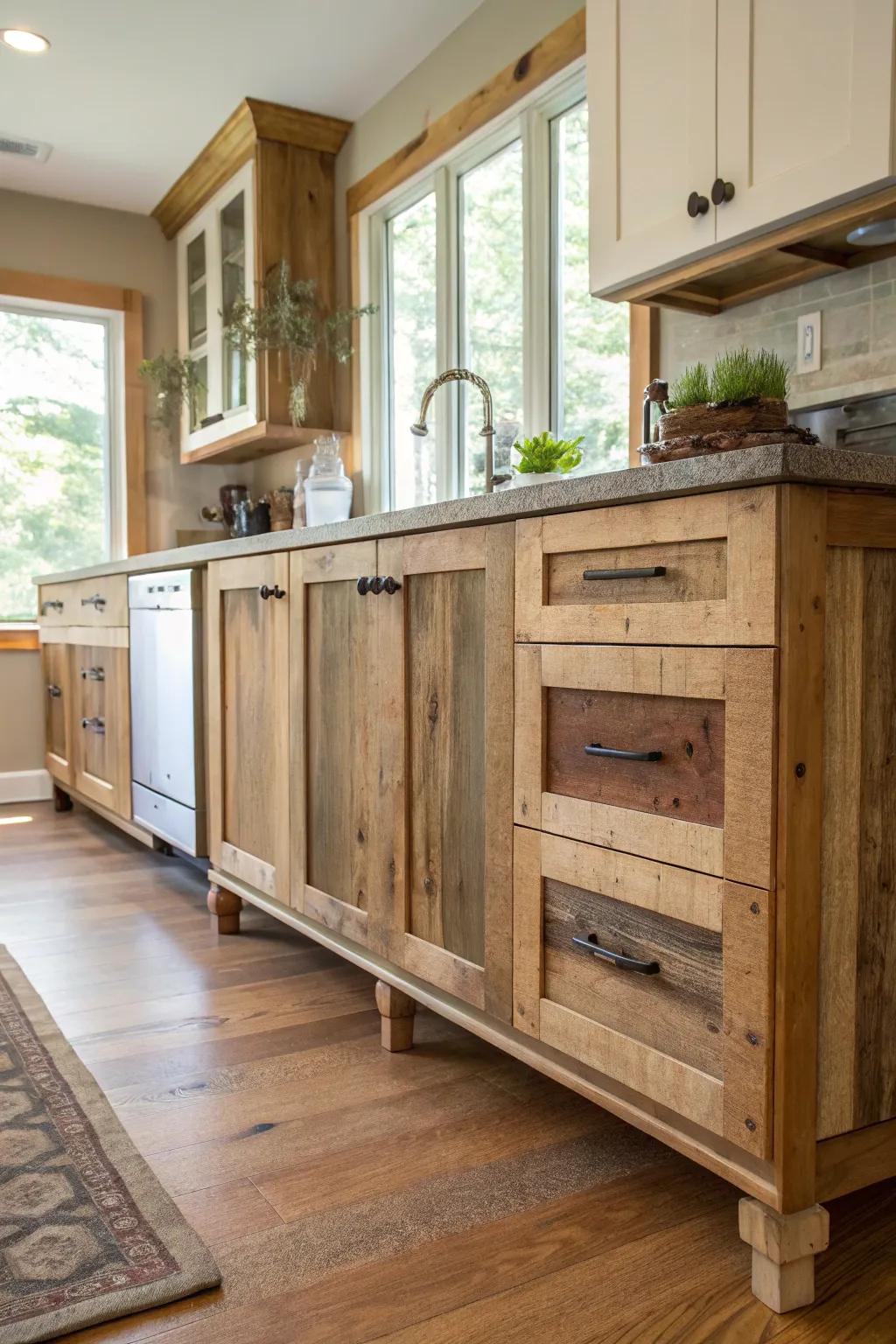 Repurposed materials add provenance and character to cabinet supports.