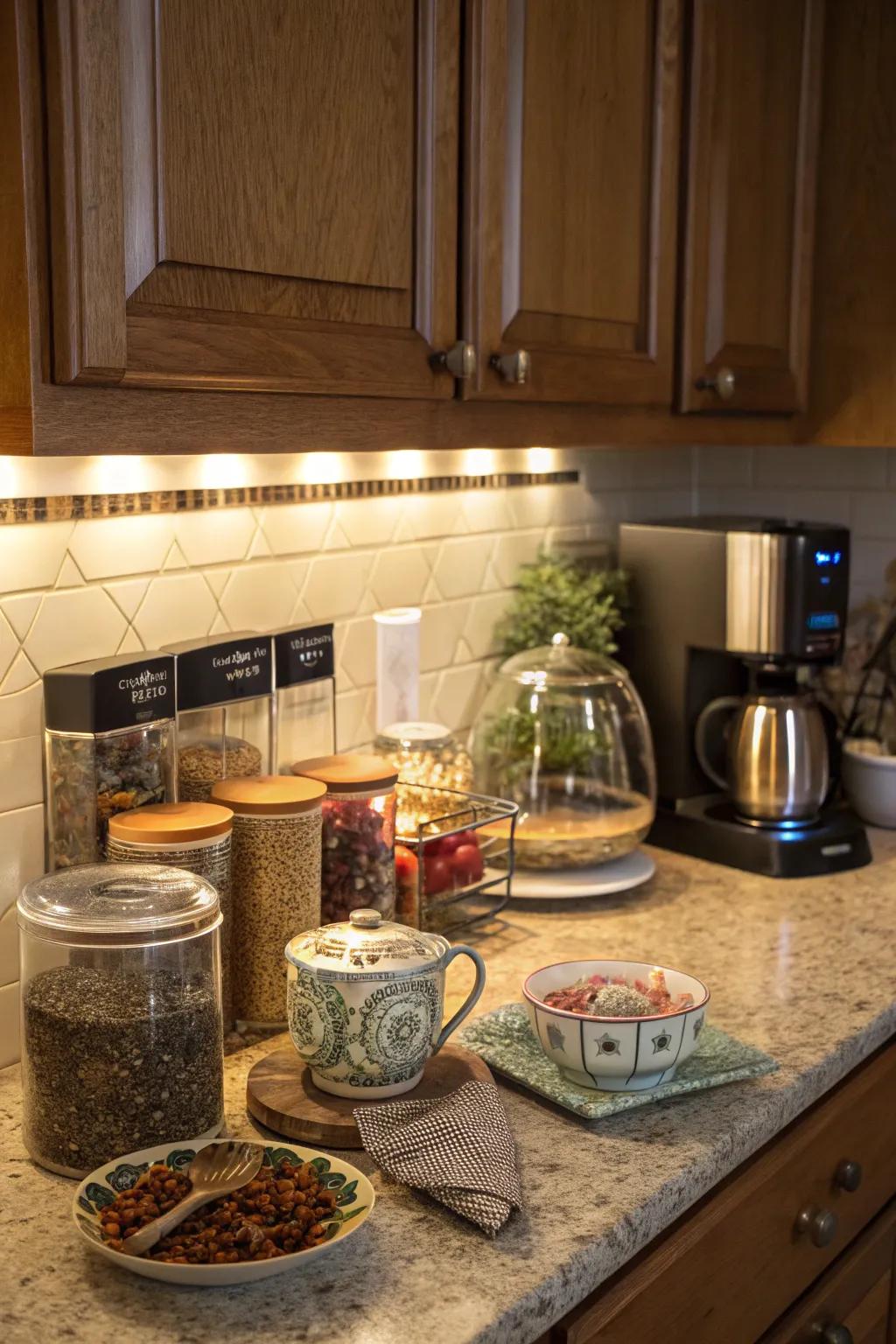 Focused bulbs enhancing the kitchen atmosphere.