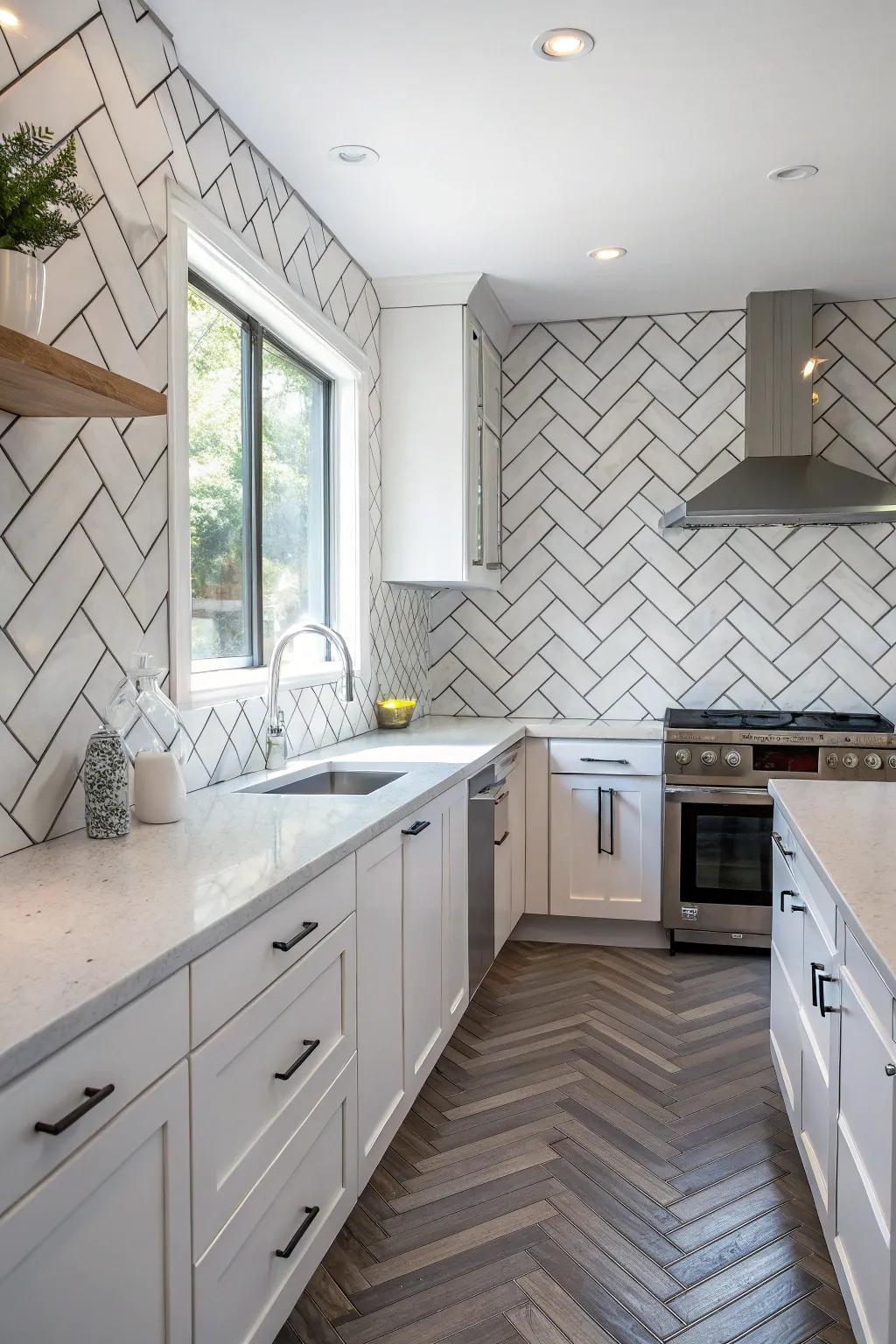 Tiles in a unique herringbone pattern elevate the appearance of this kitchen.