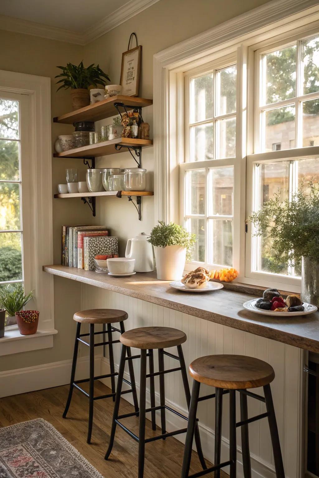 A breakfast nook adjacent to the window shelves is perfect for enjoying morning coffee.