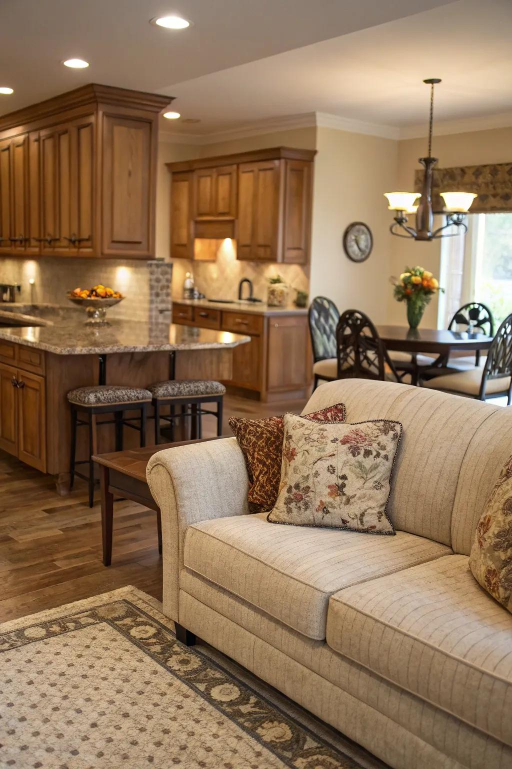 A kitchen where the couch works as a visual center point, inviting conversation and interaction.