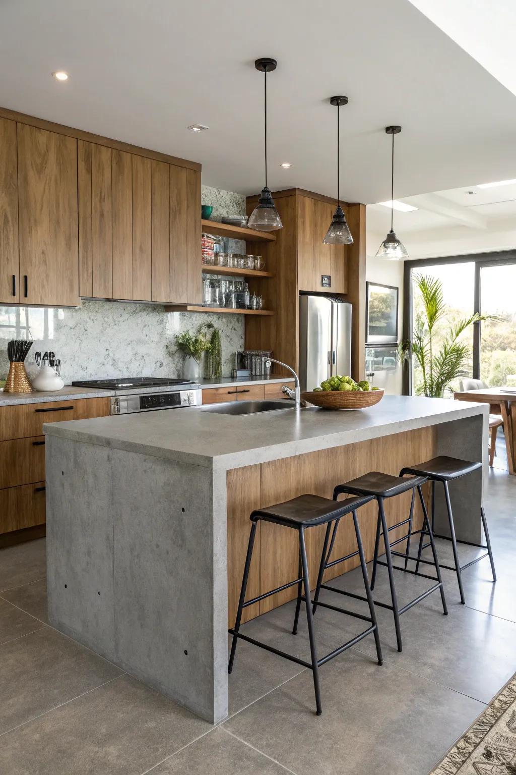 A cooking area with a central island featuring a striking cement worktop.