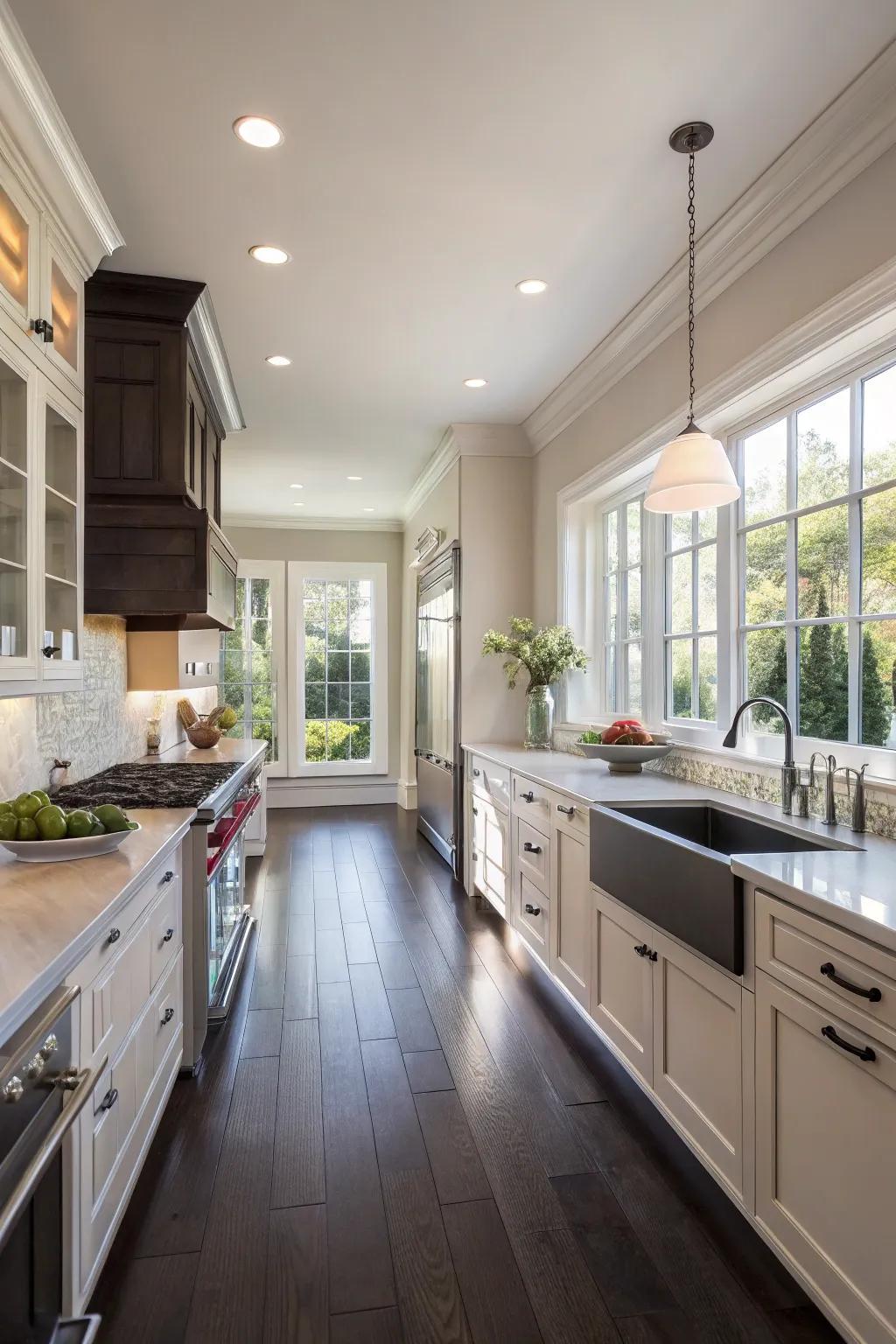 Pale walls counterbalancing the dark floors in this expansive kitchen setting.