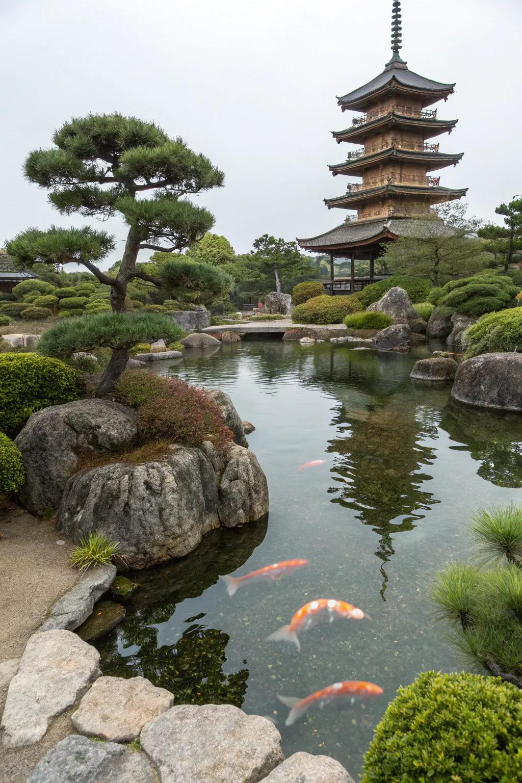A sanctuary appends a traditional Japanese inflection to koi havens.