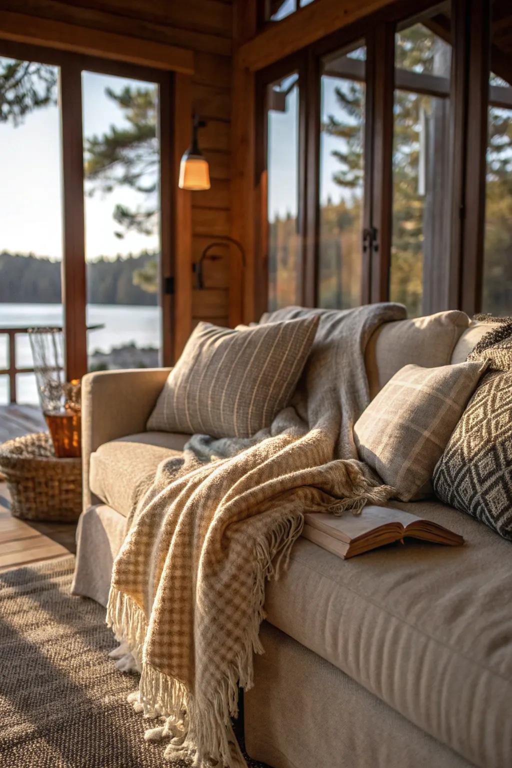 Textured fabrics add warmth and depth.