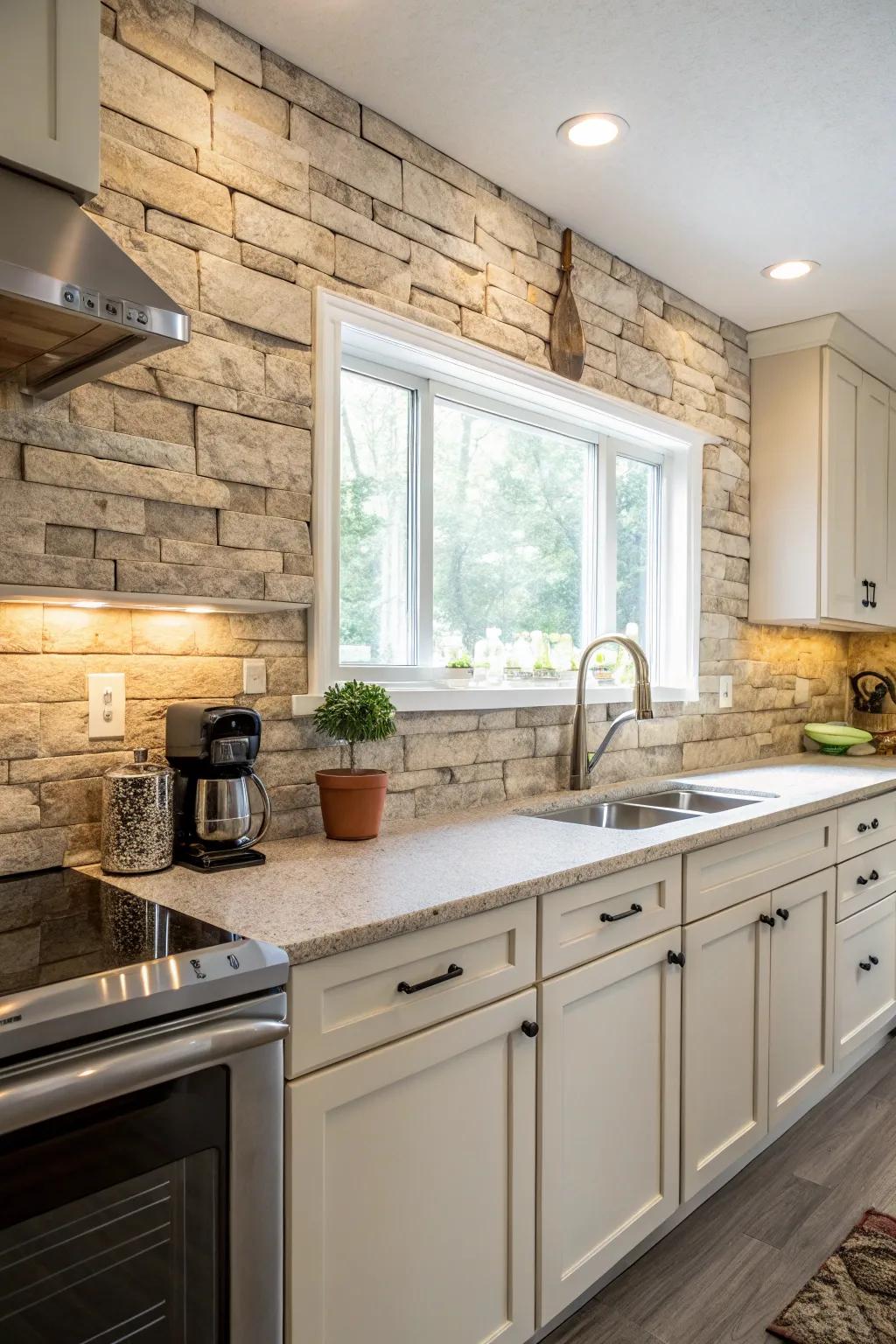 Genuine rock-appearance panels enrich the grace of your cooking space.