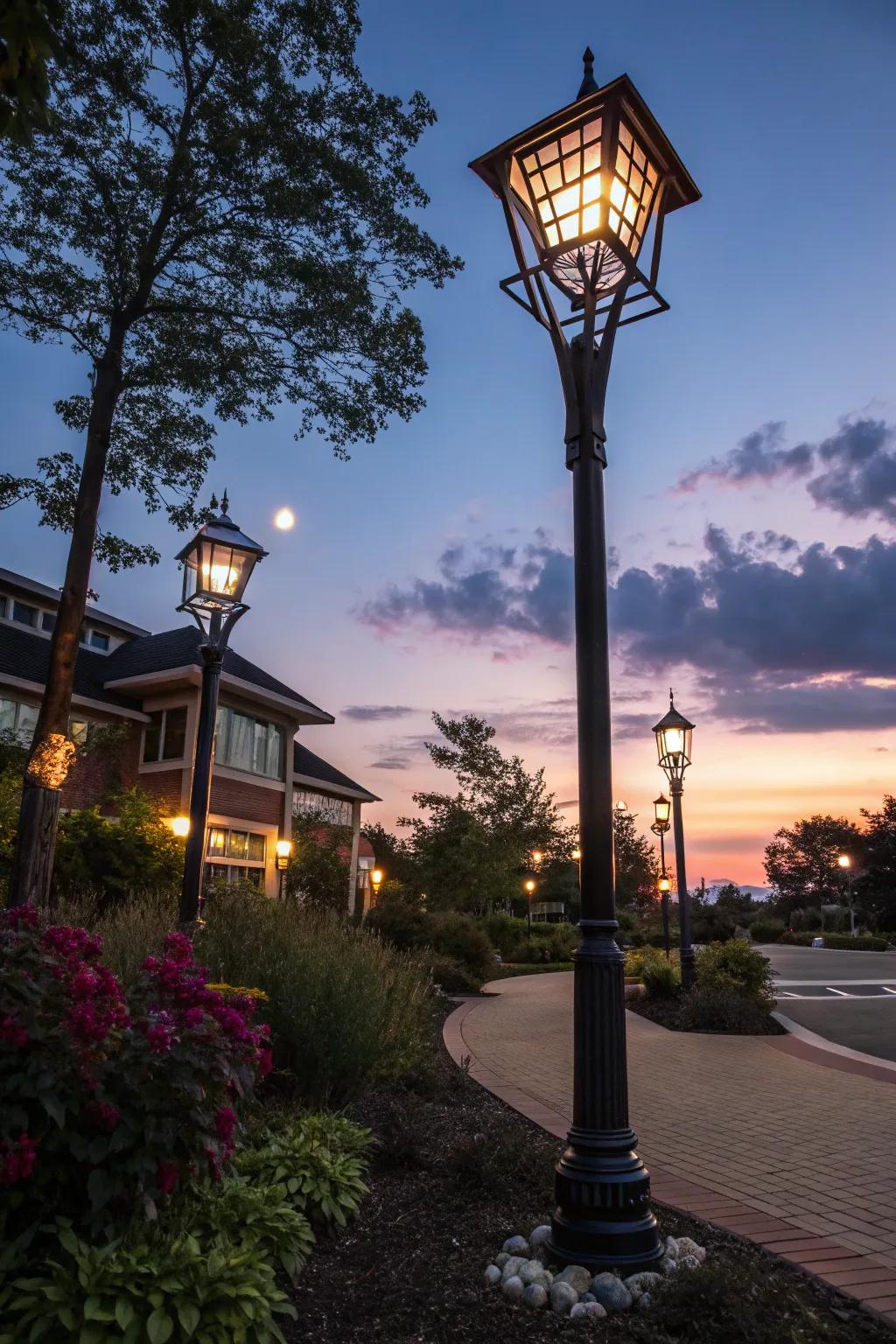 Solar lights amplifying the radiance around a lamp post.