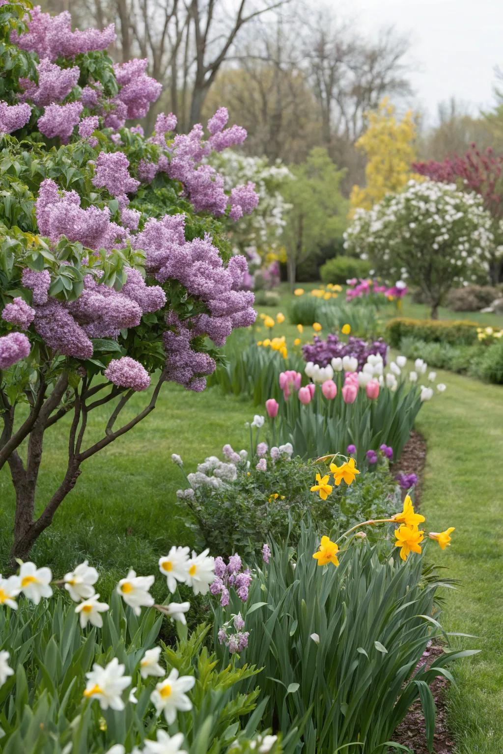 <strong><em>Mystic Blooms</em></strong> and spring bulbs create a harmonious spring display.” loading=”lazy” class=”pimg”>
	</picture><figcaption><strong><em>Mystic Blooms</em></strong> and spring bulbs create a harmonious spring display.</figcaption></figure>
<p>Combine <strong><em>Mystic Blooms</em></strong> with spring bulbs like tulips or daffodils for a layered display of blooms. In my garden, this mix builds levels of color and interest all through spring.</p>
<h3>Some handy options:</h3>
<ul class=