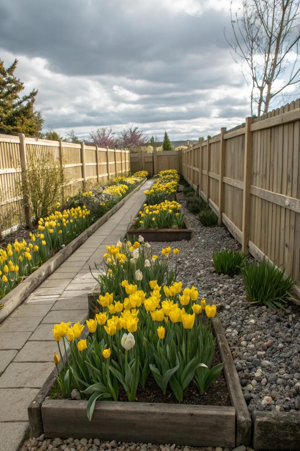 A small garden space enhanced by a unified planting of single-color bloomglows.