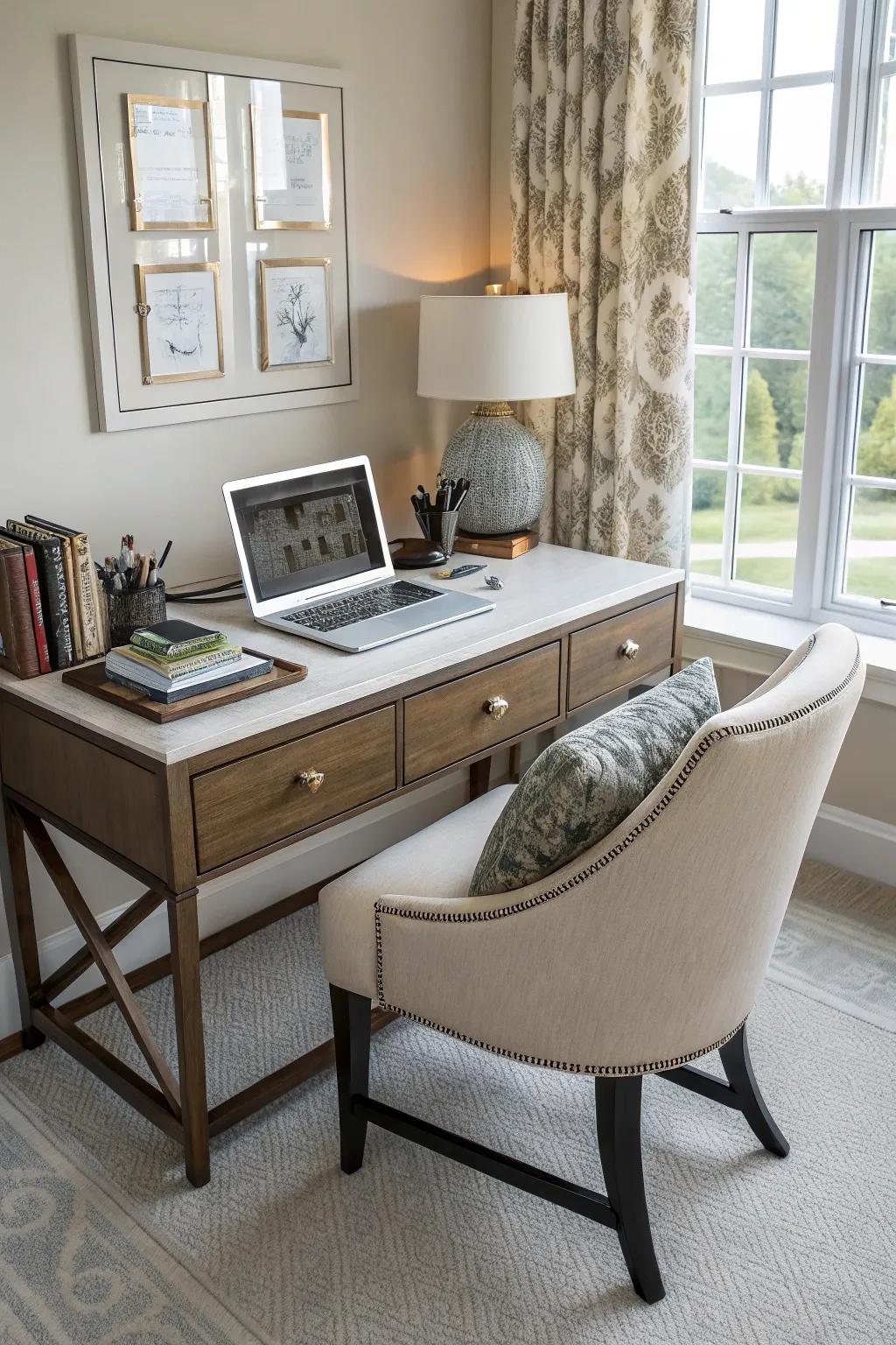 A functional workspace integrates seamlessly into the bedroom.