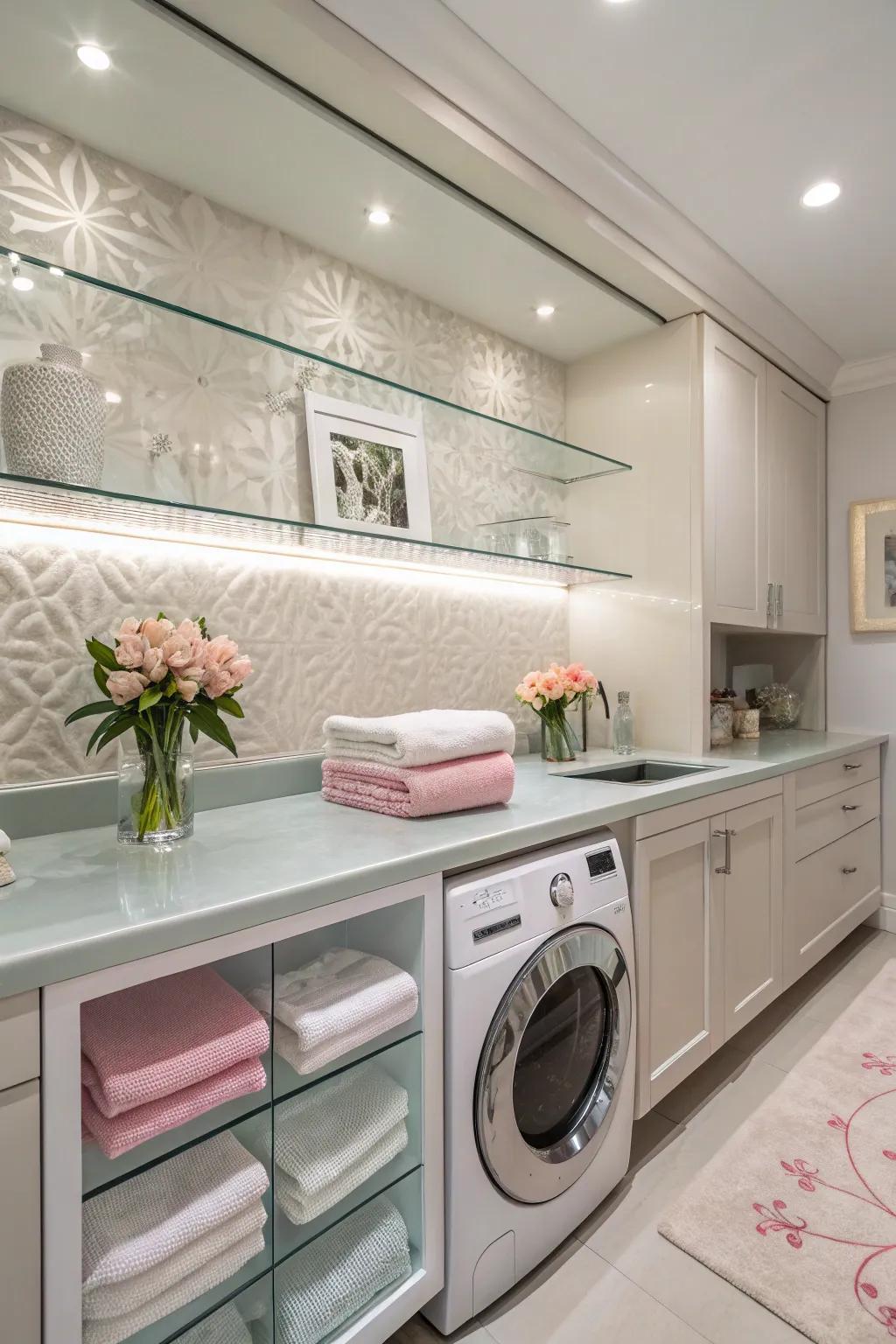 Glass countertops add elegance and sophistication.