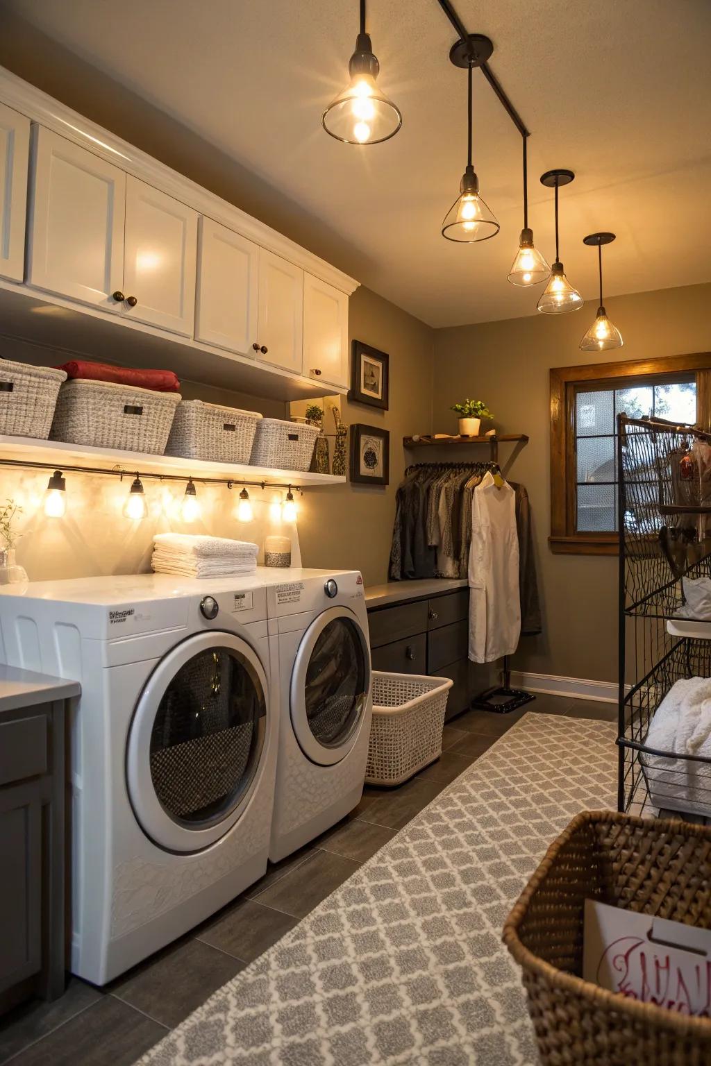 Layered illumination creates depth and warmth in your laundry area.