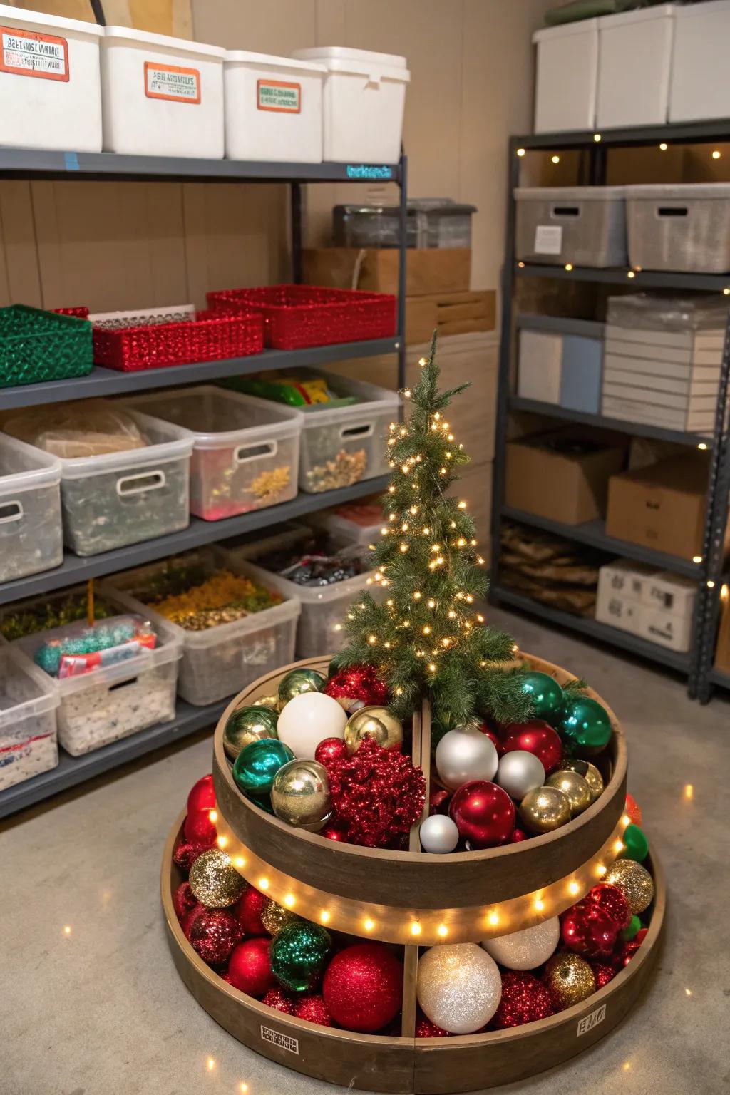 Effortlessly organize holiday decor with a Lazy Susan.