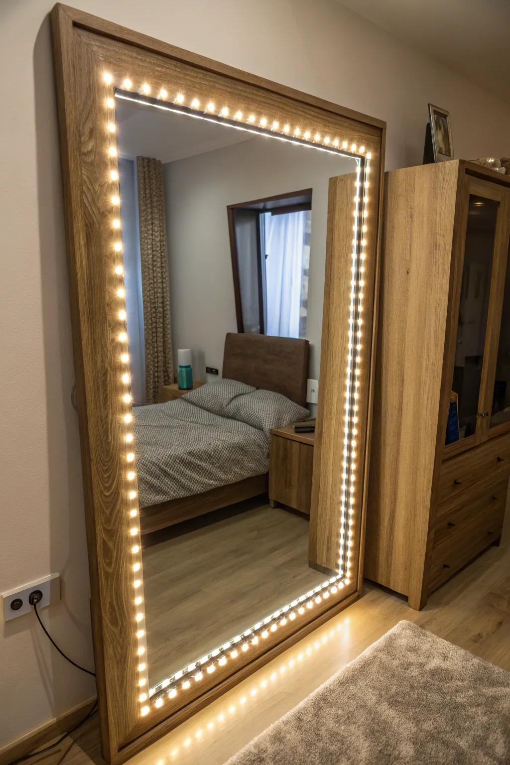 A mirror that is enhanced with <strong><em>LED</em></strong> strips has a glamorous appeal.” loading=”lazy” class=”pimg”>
	</picture><figcaption>A mirror that is enhanced with <strong><em>LED</em></strong> strips has a glamorous appeal.</figcaption></figure>
<p>Using <strong><em>LED</em></strong> strips to backlight mirrors can give them a touch of glitz and practicality, which is great for makeup or other everyday tasks. I frequently suggest this technique since it combines utility and elegance.</p>
<h3>You might give these a try:</h3>
<ul class=