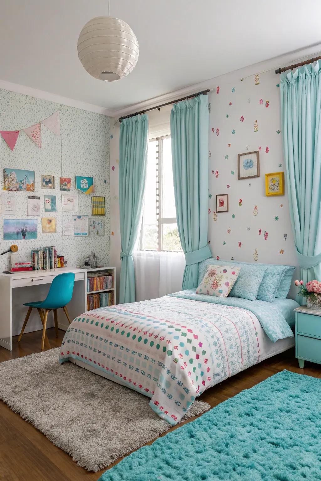 A sleeping quarter featuring playful patterns and sky blue ornaments establishes a lively atmosphere.