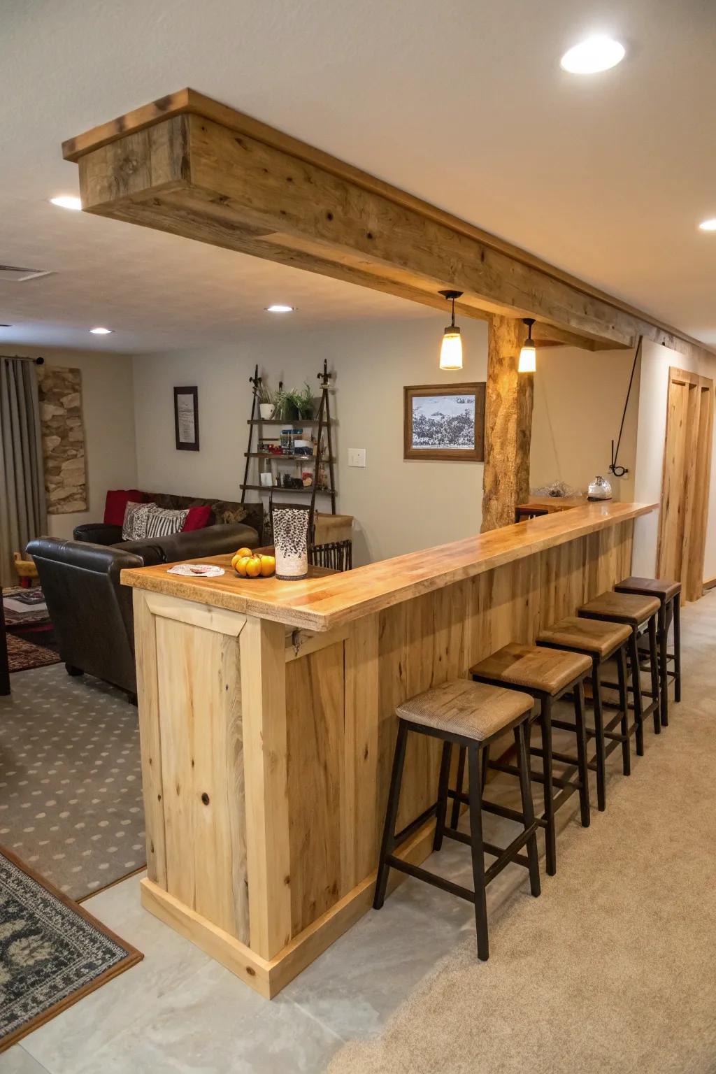 In a small setting, a live edge bar serves as both a bar and a dining area.