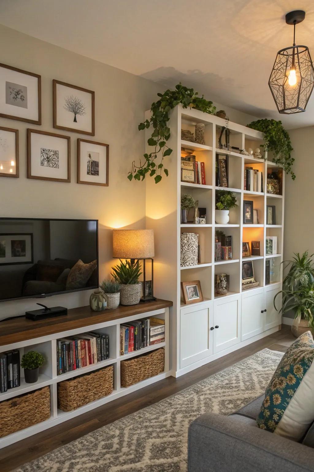 Add depth with floating cubby shelves.