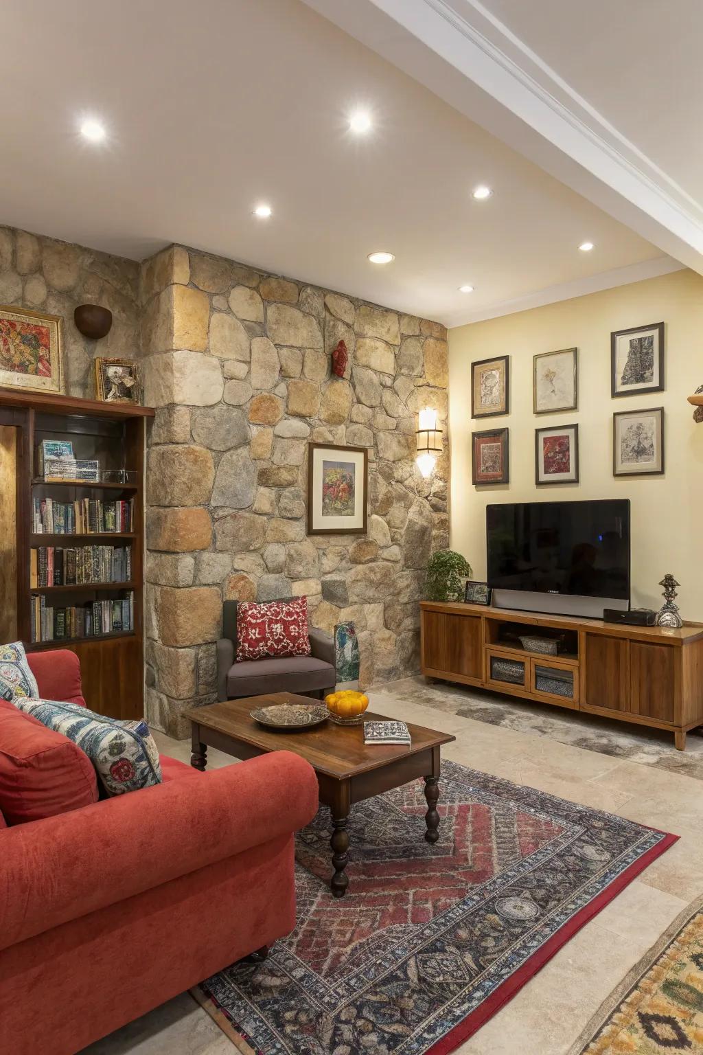 A dynamic and personalized space is created by an eclectic mix of stones.