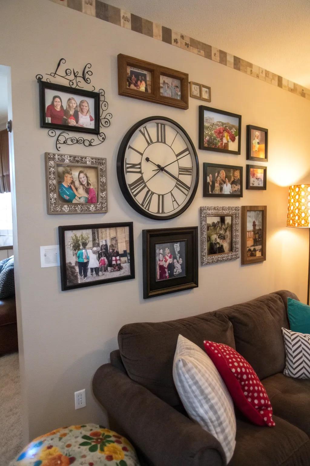 Personalized elements around a wall clock create a heartwarming focal point.