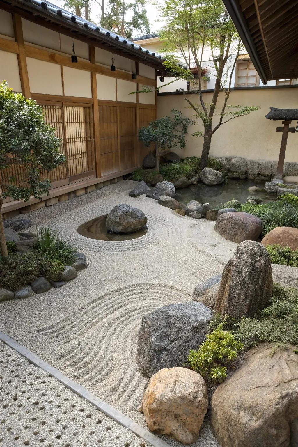 A tranquil space for Zen meditation featuring stones and sand.