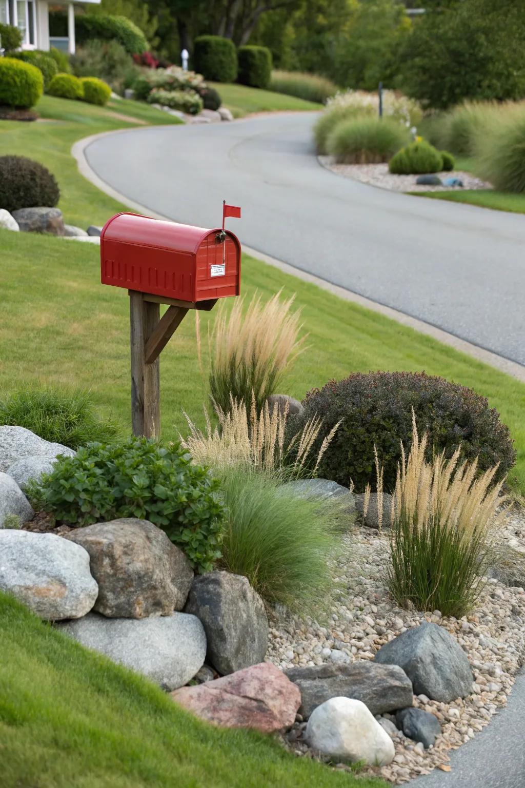 Ornamental herbs and stones provision a structured and spontaneous visual.