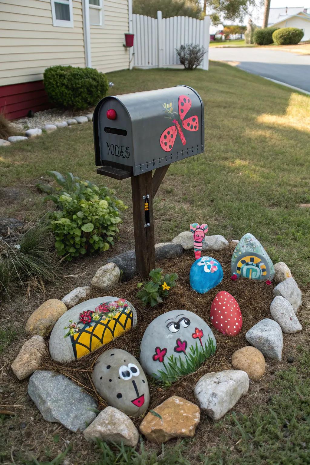 Rock art adds a touch of whimsy and creativity.