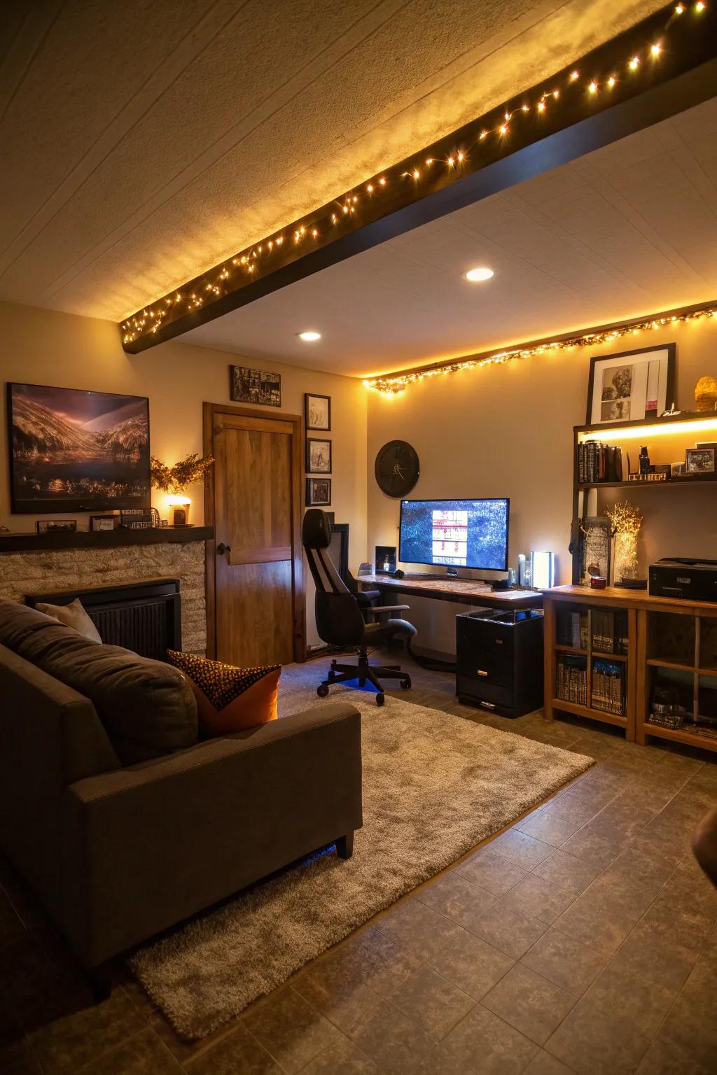 Layered lighting contributing depth and flexibility to a man cave.