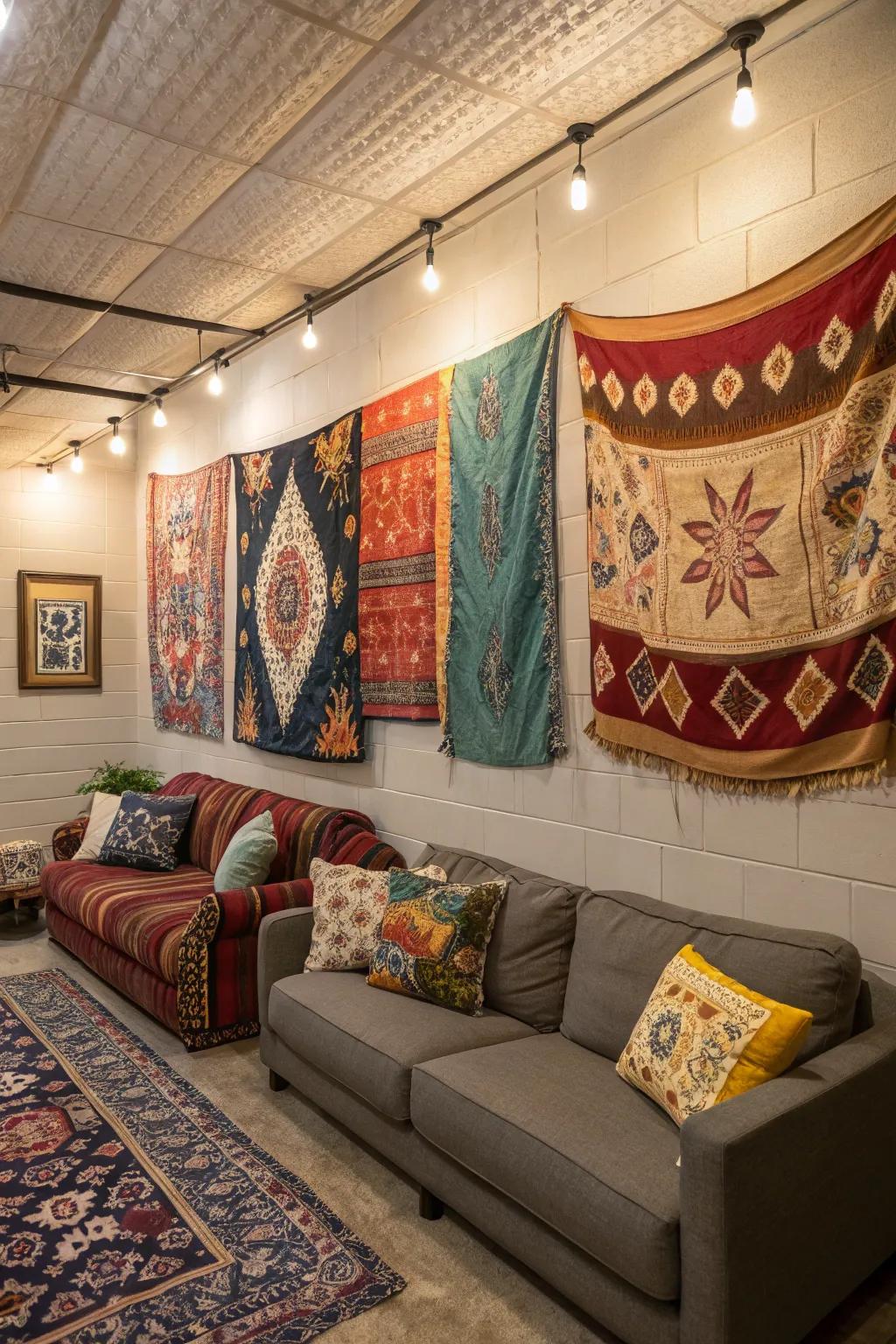 Textile art décor adds comfort and style to your cave.