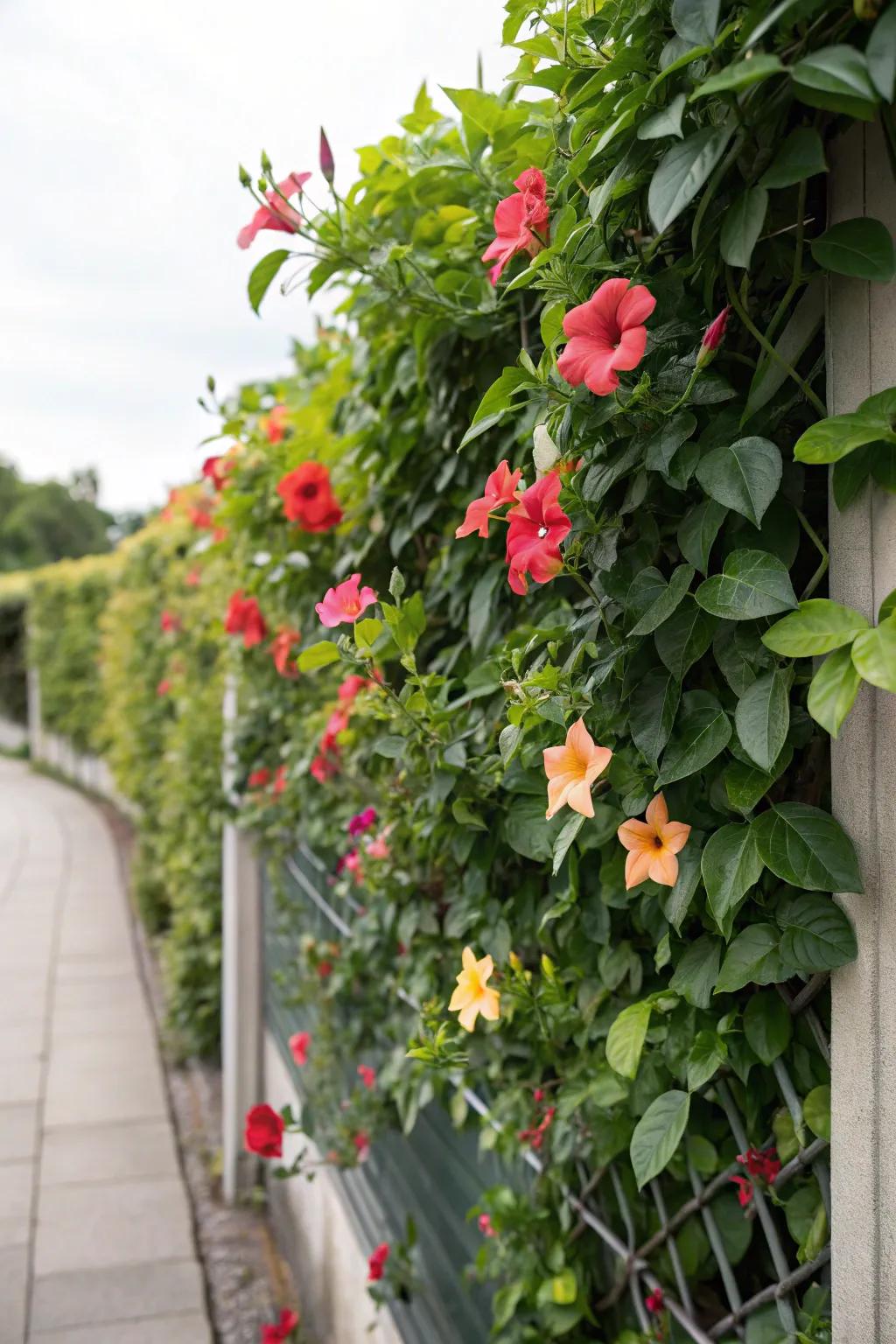A vertical landscape trellis hosting mandevilla optimizes expanse and infuses profuse allure.