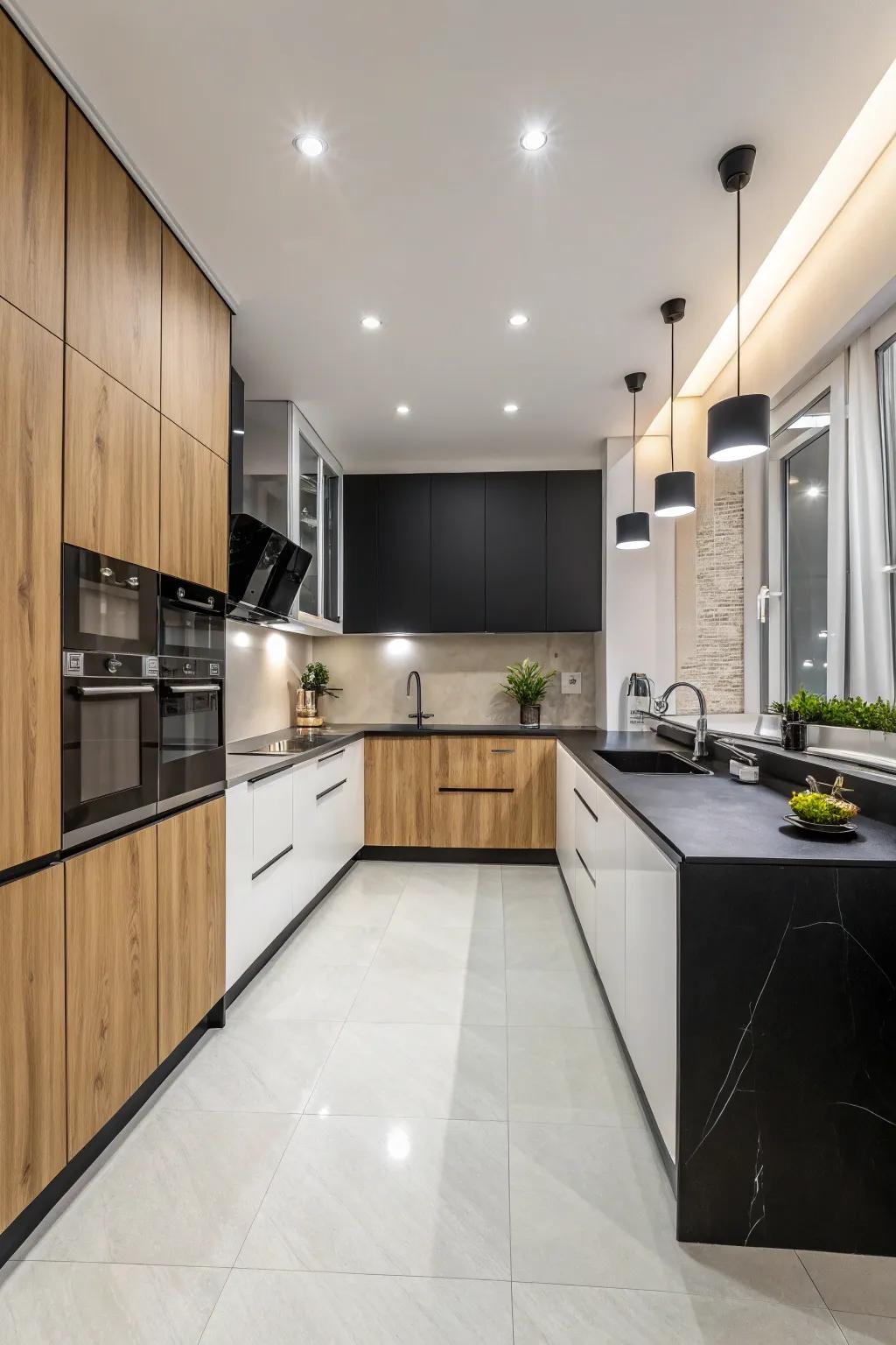 A modern kitchen with a monochrome palette and walnut cabinets for a sharp look.