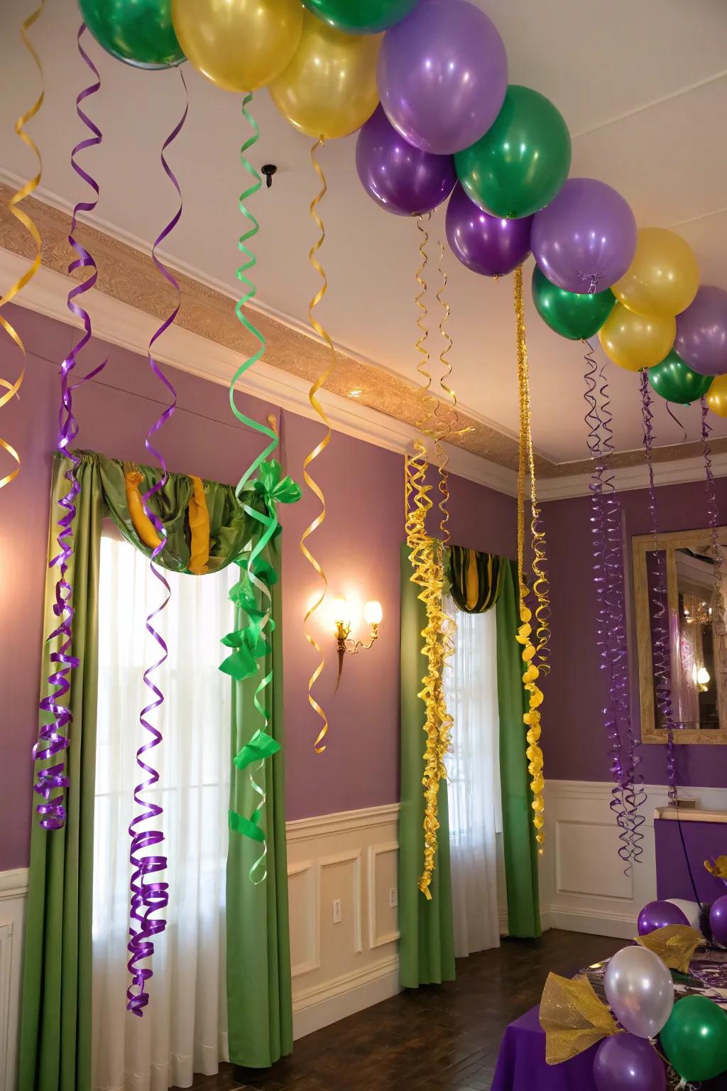 Mardi Gras shades saturate the space with radiant energy and cheerfulness