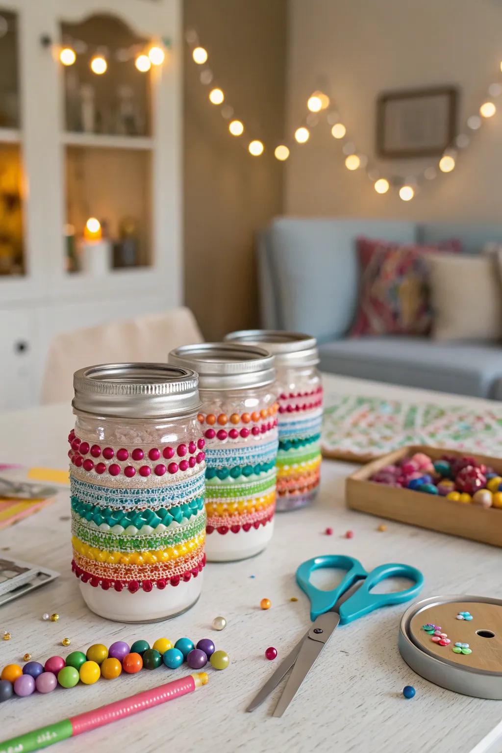 Playful boho heritage containers with bead decorations.