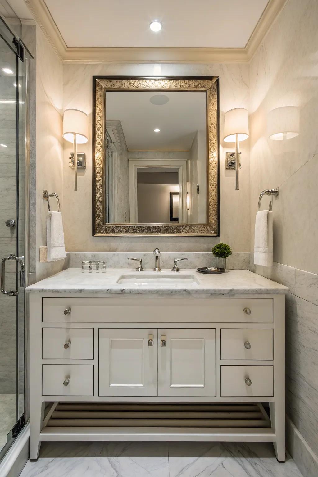 A bathroom that features a custom-designed mirror above the vanity.