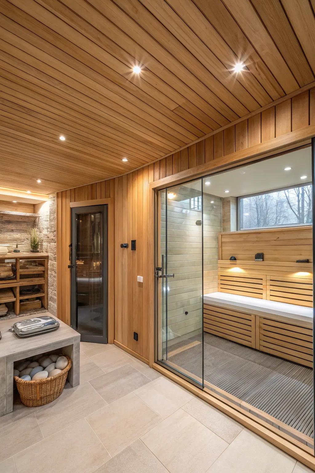 A consolidated heat room remakes the primary washroom becoming the individualized spa getaway.
