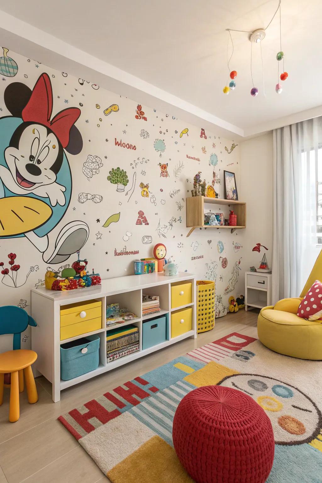 Animated character wall covering adds fun and wonder to a kid's space.