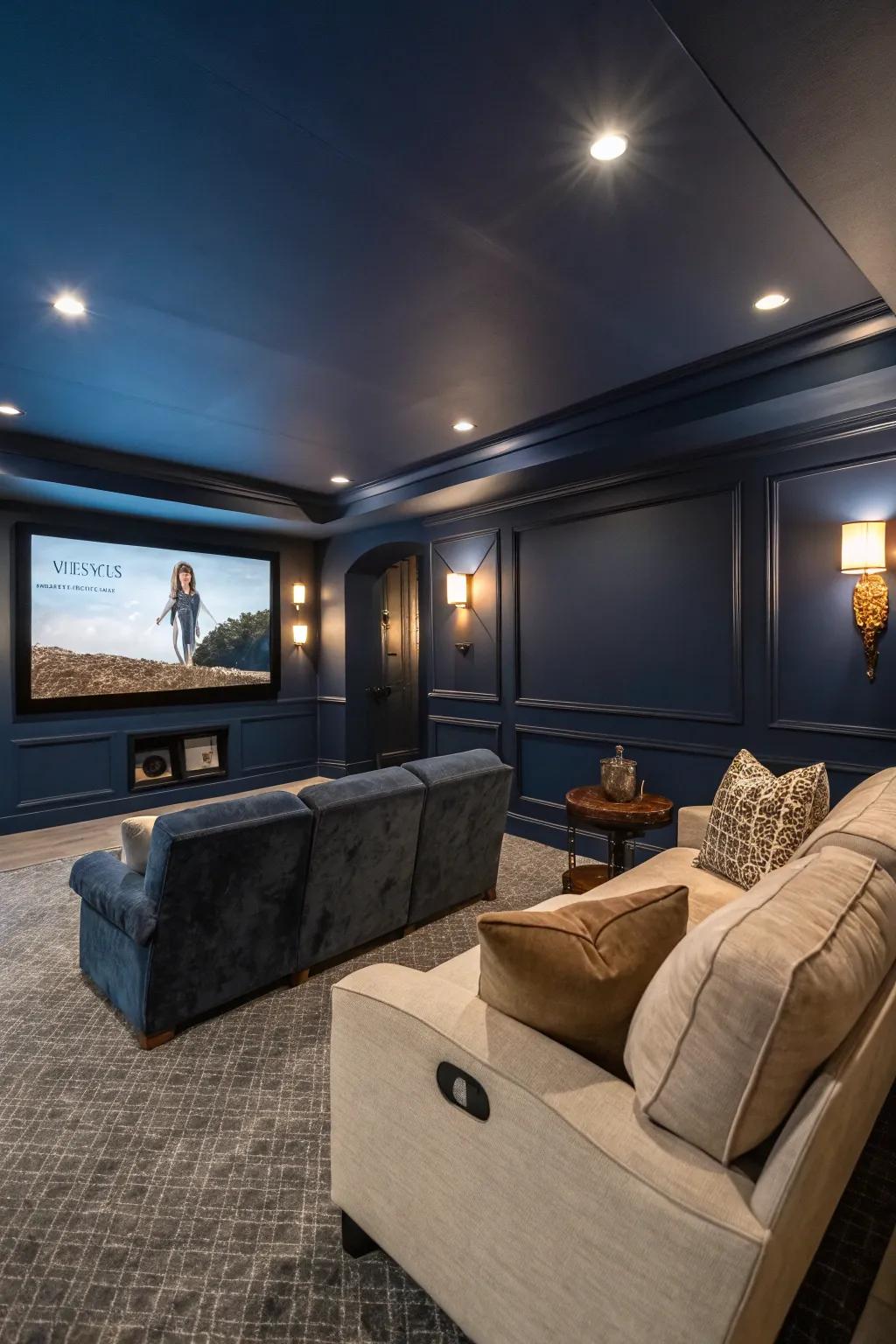 An atmospheric media room displaying nightfall blue walls, ideal for a restful viewing experience.