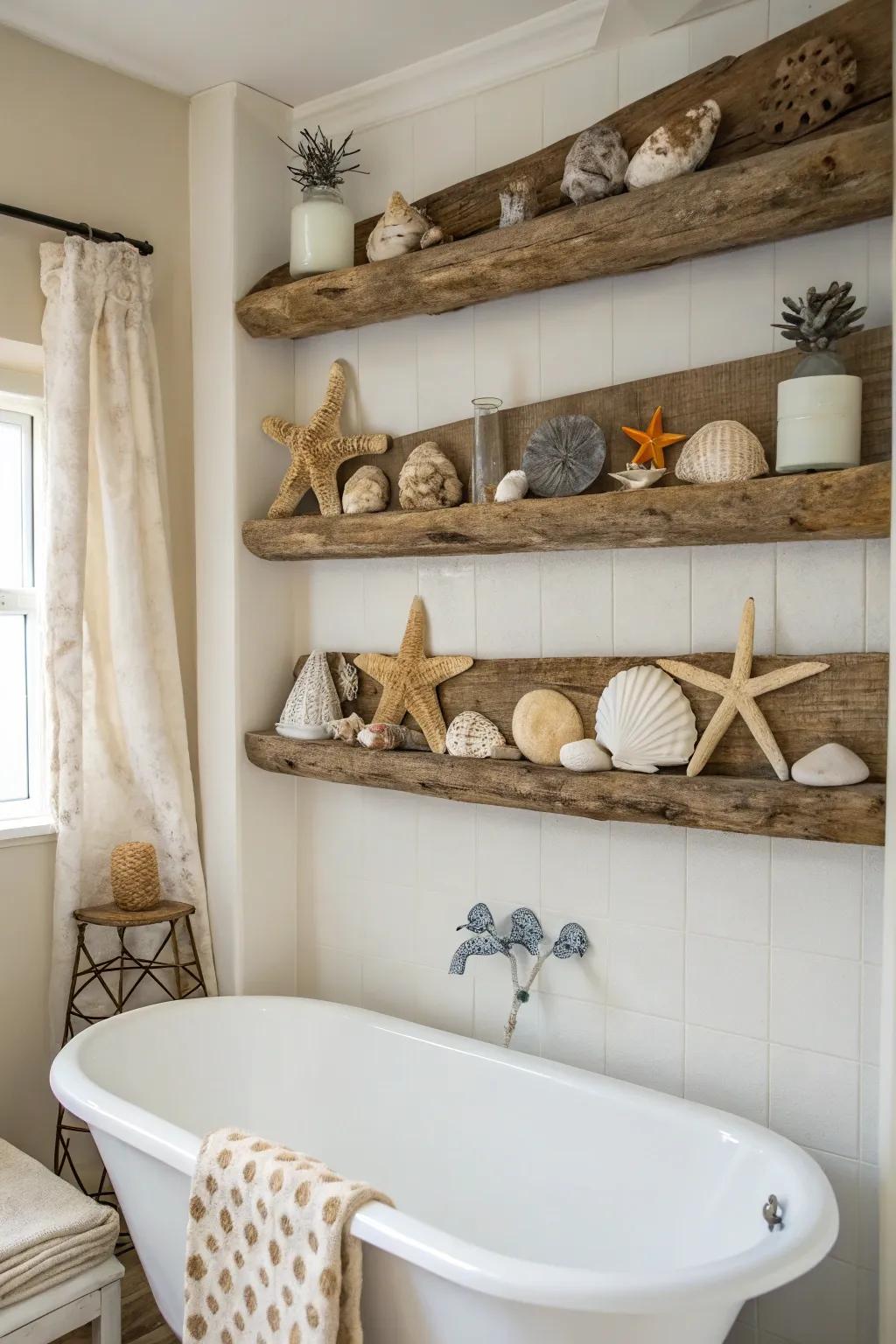 Driftwood shelves blend rustic charm with coastal refinement.