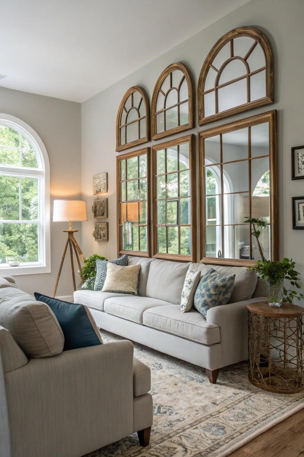 Window-style mirrors brighten and open up rooms.