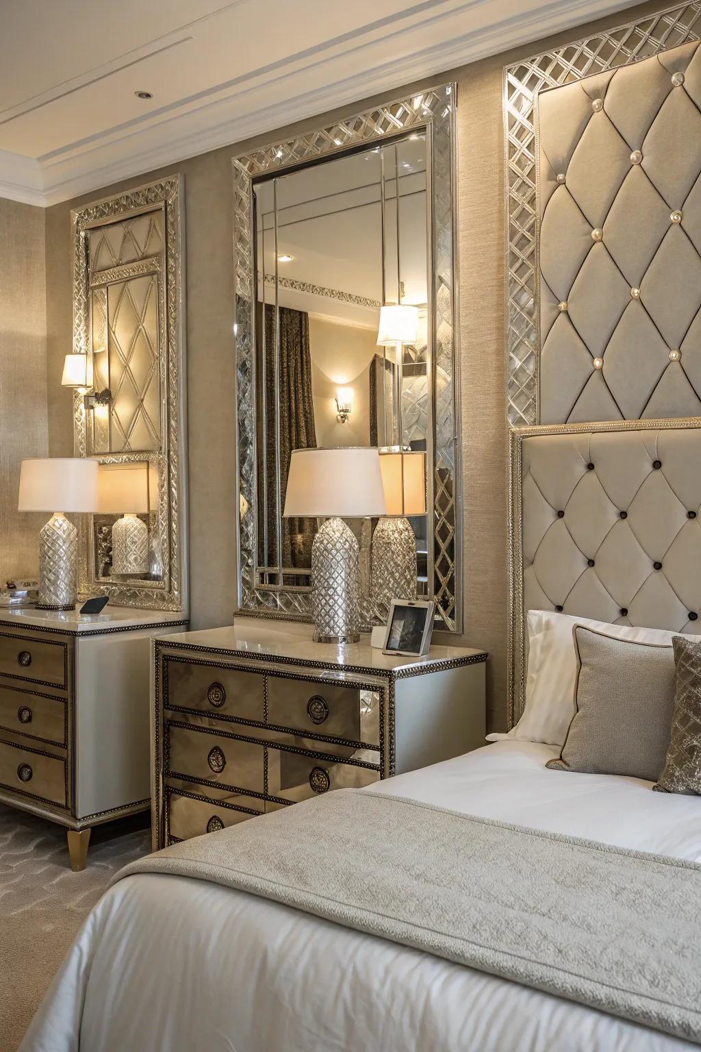 Metallic accents on mirrors add a touch of luxury and shine.