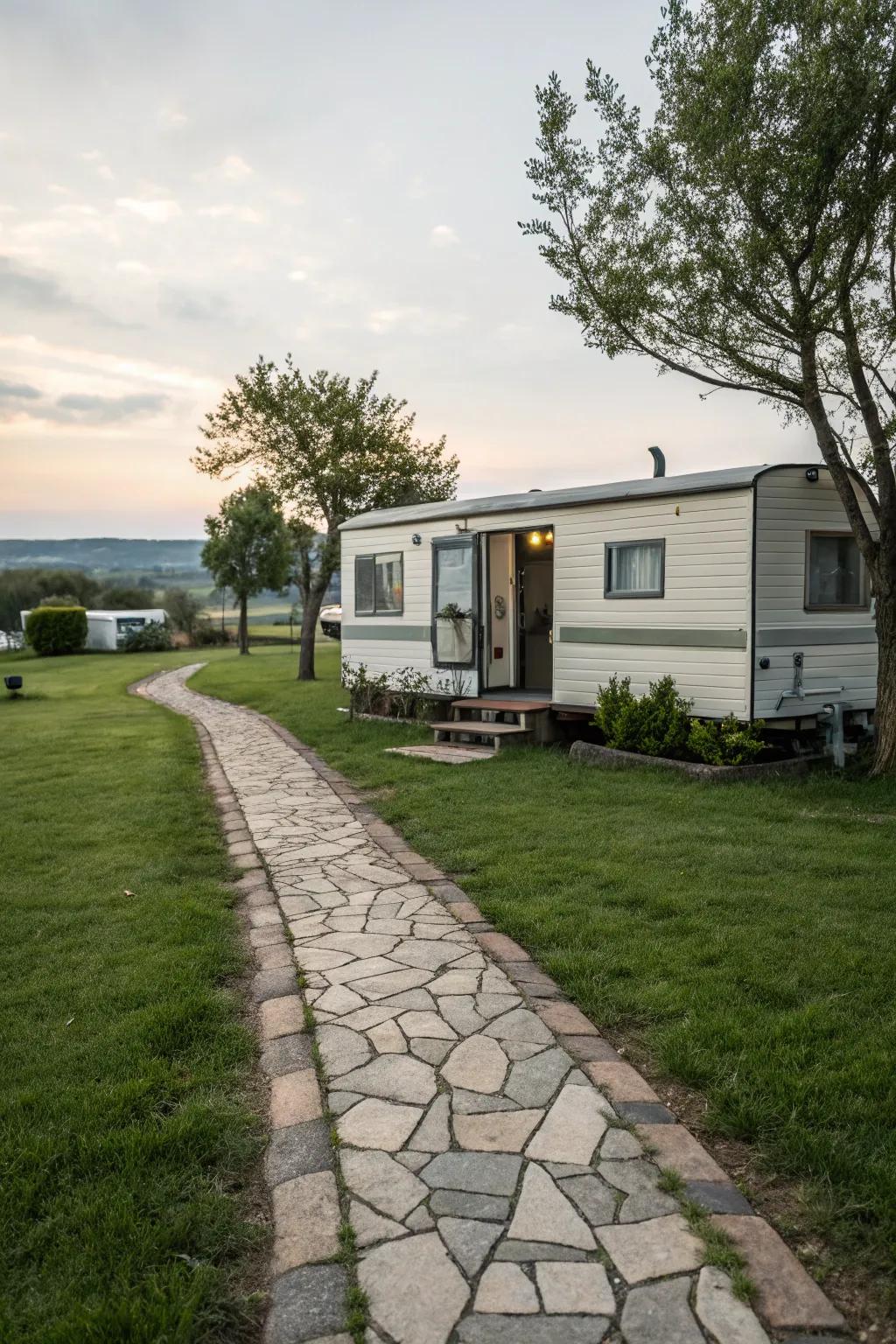 A stone pathway adding elegance and practicality to a mobile home’s entryway.
