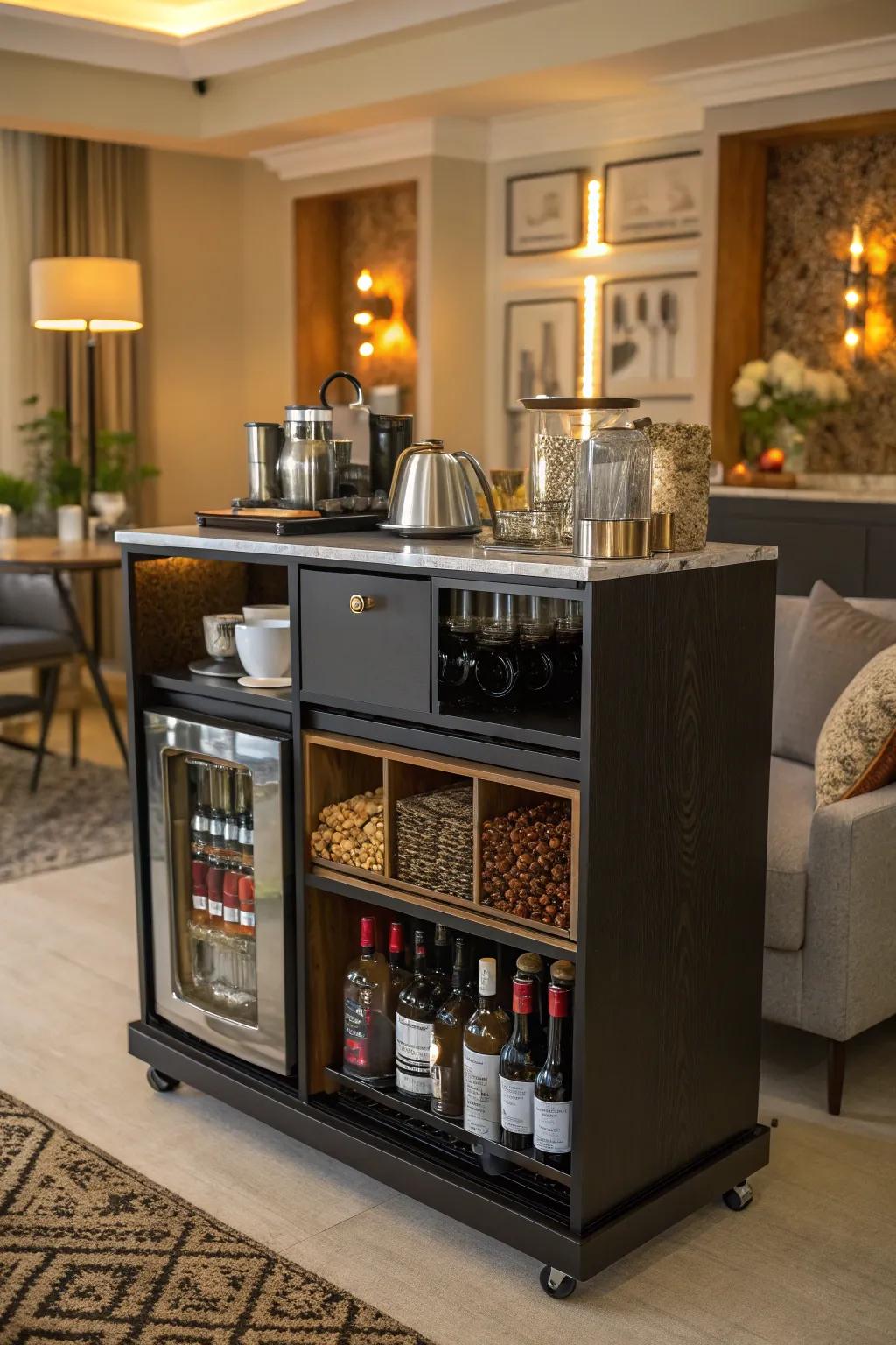 Multi-functionality enhances the utility of this modern bar.