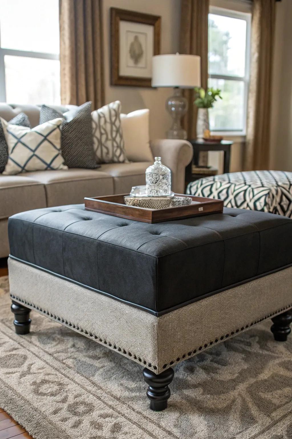 An upholstered pouf offers versatility and style.