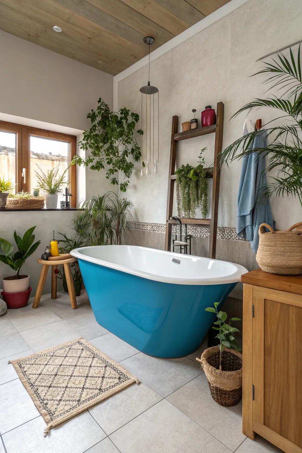 A colored tub adds a surprising point of interest to this bathroom.