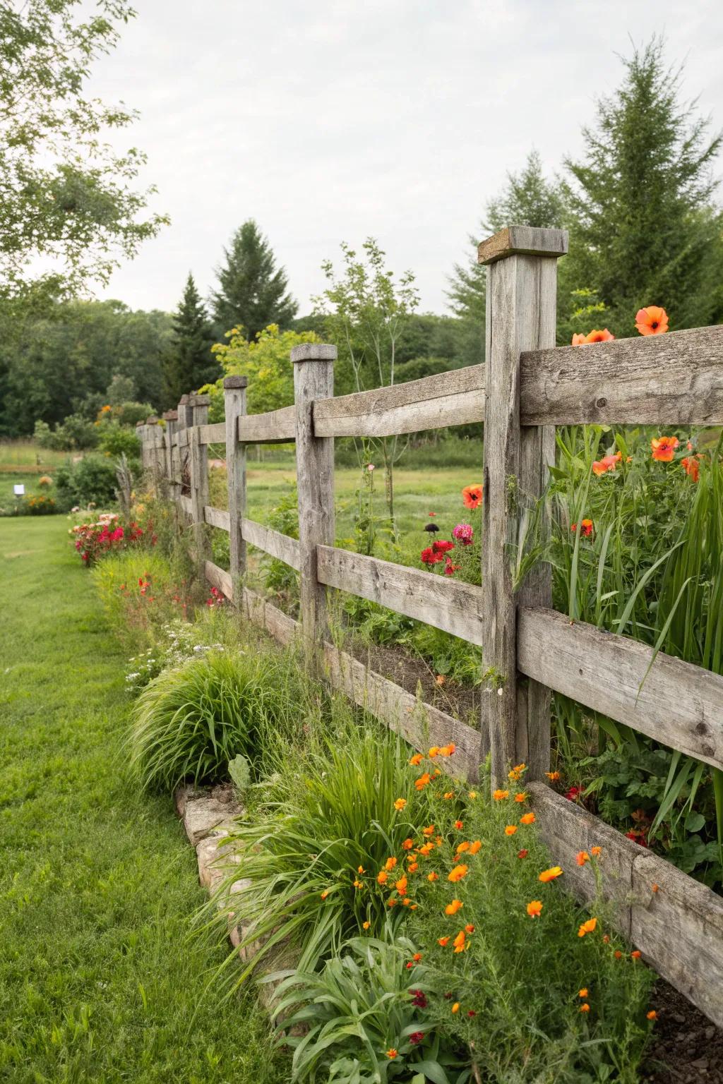 Recycled timber adds personality and sustainability to this modern farmhouse fence.