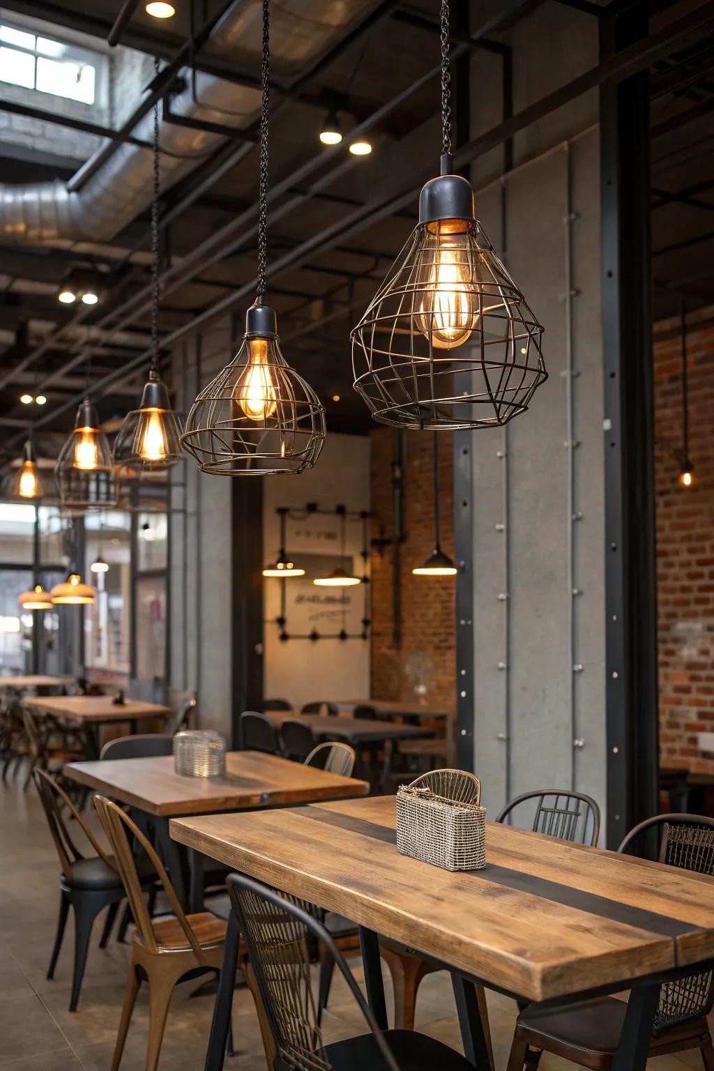 Construction enclosure drop lights integrate an edgy element.