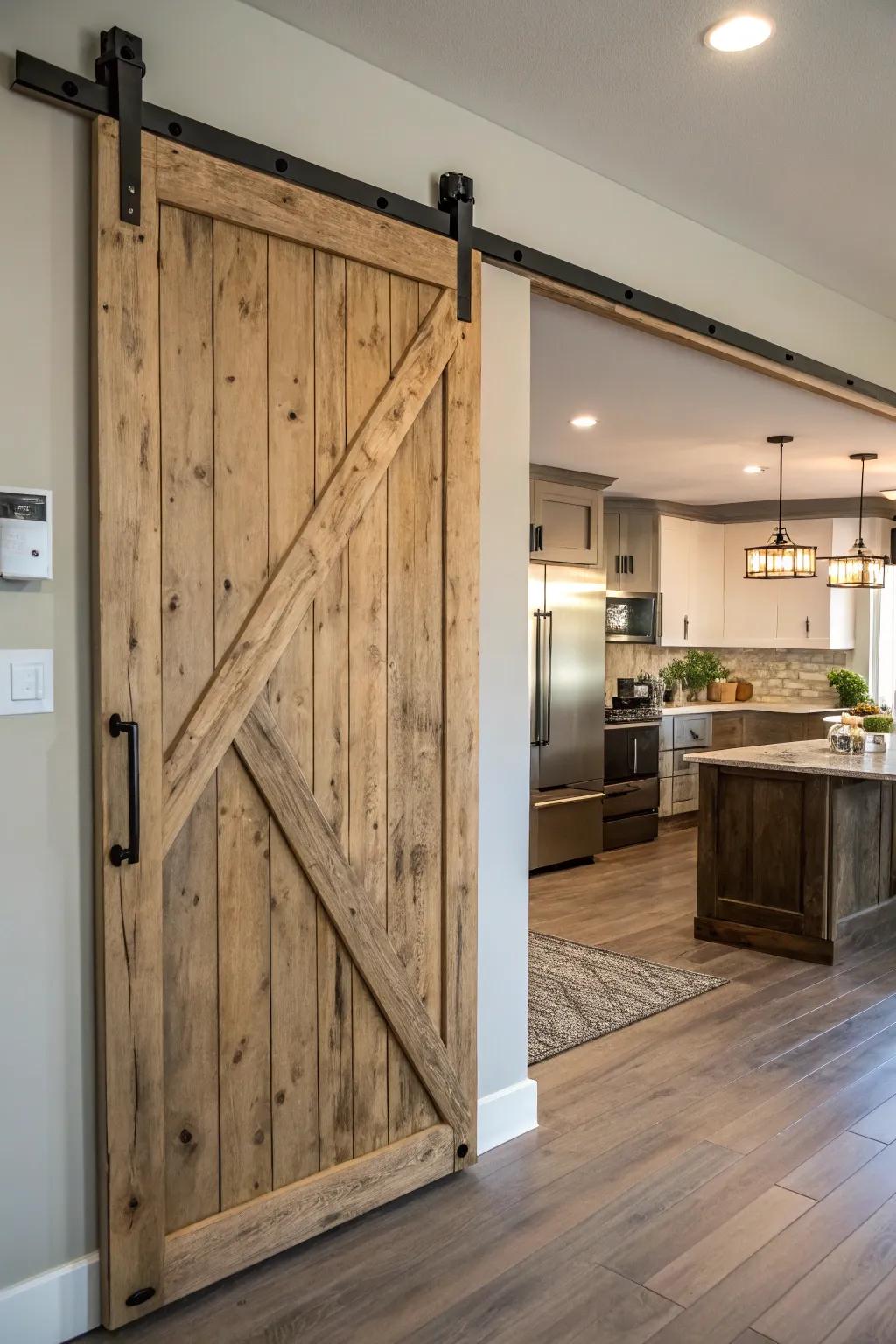 Country sliding barn gateway in a culinary space setting.