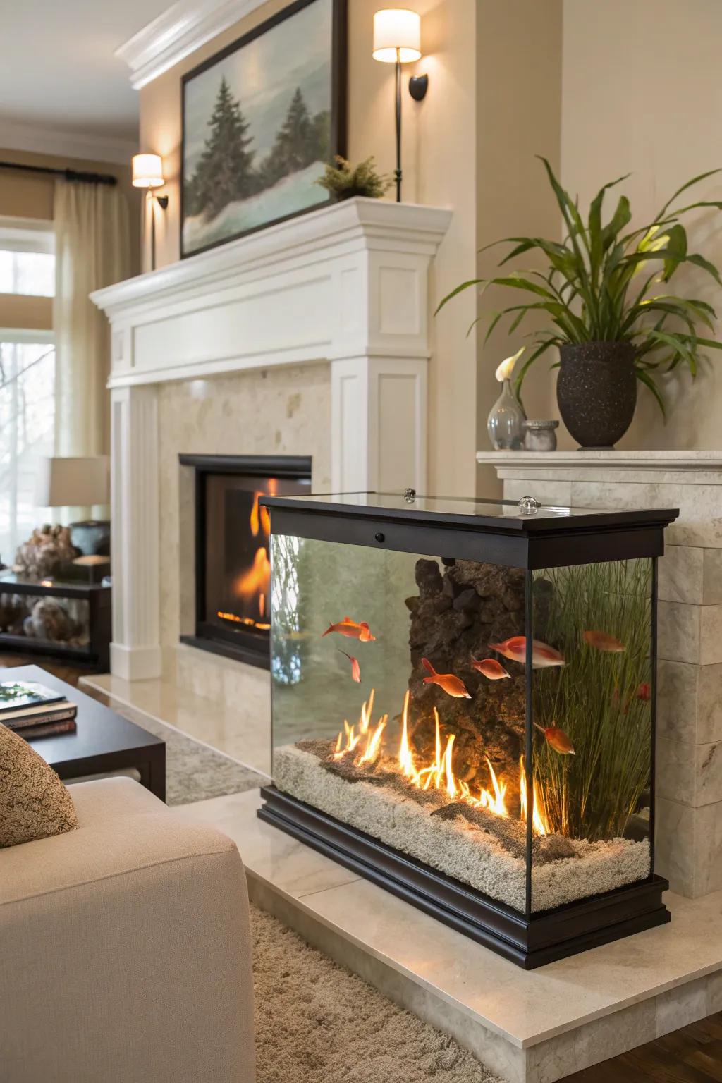 An aquarium fireplace blending the soothing elements of fire and water.