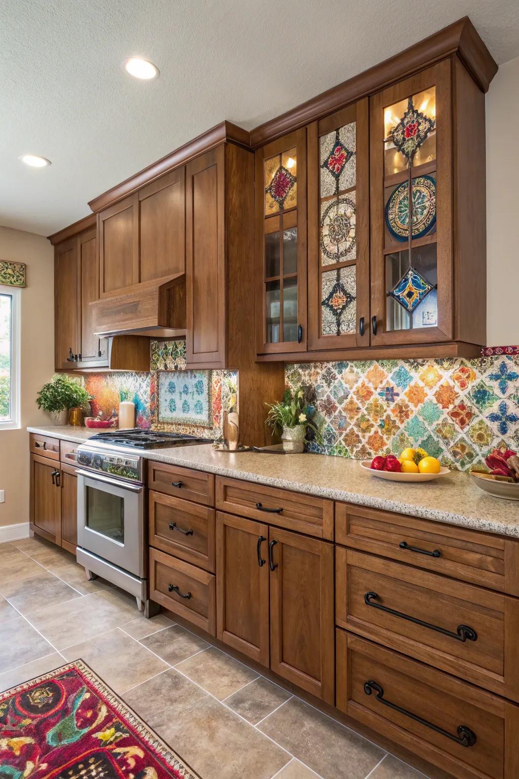 Vibrant accents bring vibrancy to hickory kitchens.