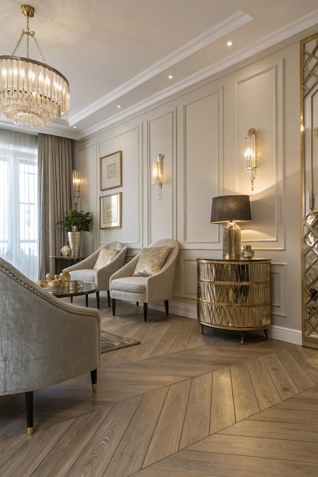 Chic metallic accents refine pale wood floors.