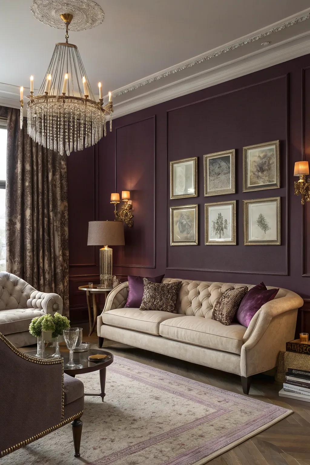Plum walls add a moody elegance to this sophisticated living room.